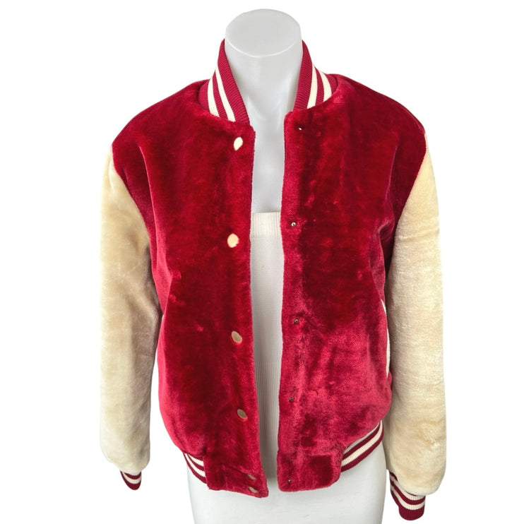 Dance & Marvel Red Velvet Velour Snap Button Down Varsity Bomber Coat Jacket S