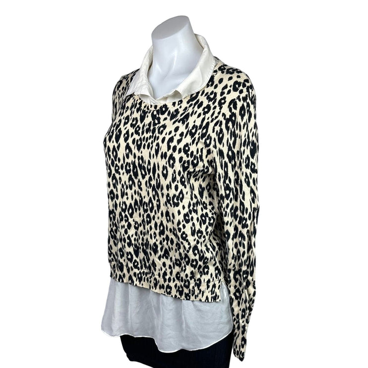 DKNY NWOT Black White Leopard Print Layered Long Sleeve Collar Sweater Top Sz L