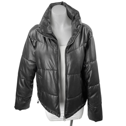 H&M Divided Black Faux Vegan Leather Full Zip Long Sleeve Puffer Coat Jacket S