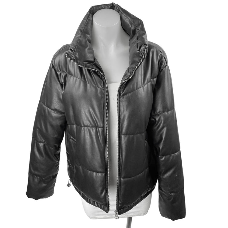 H&M Divided Black Faux Vegan Leather Full Zip Long Sleeve Puffer Coat Jacket S