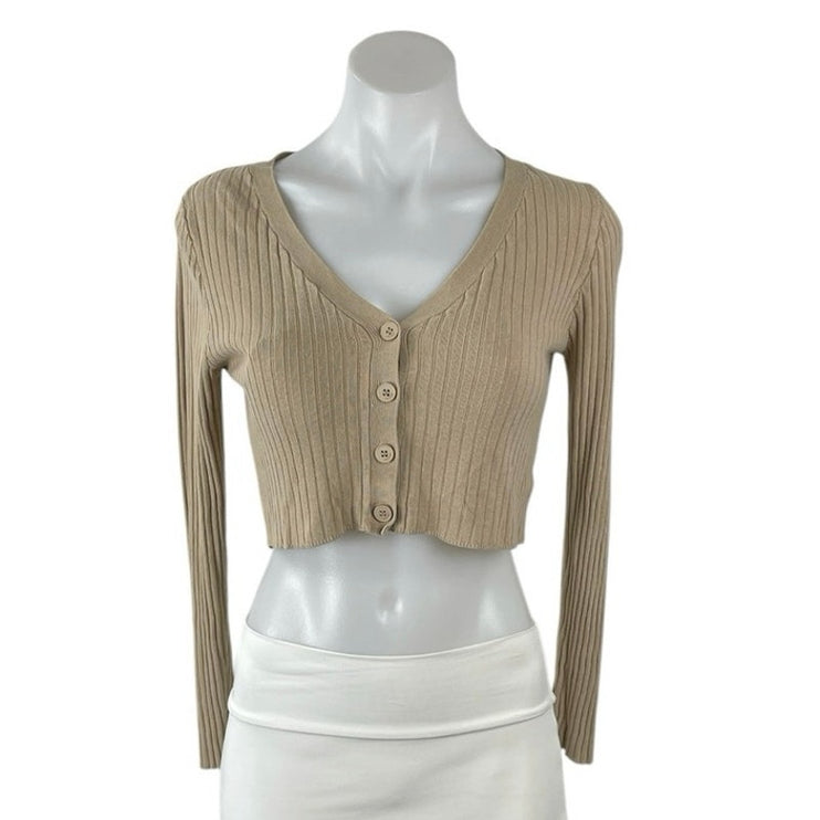 Oak + Fort Tan Ribbed Knit V Neck Long Sleeve Crop Button Up Cardigan Sweater XS
