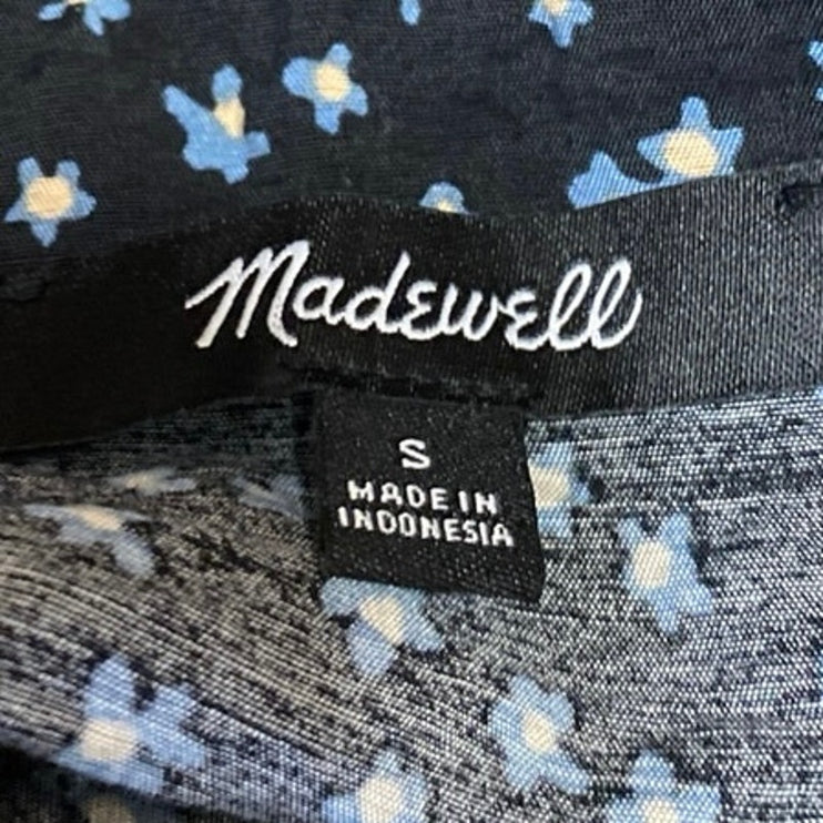Madewell Blue Floral Long Sleeve V Neck Button Up Blouse Shirt Crop Top Size S