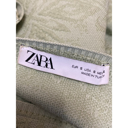 ZARA Light Green Jacquard Knit Short Puff Sleeve Square Neck Crop Blouse Top S