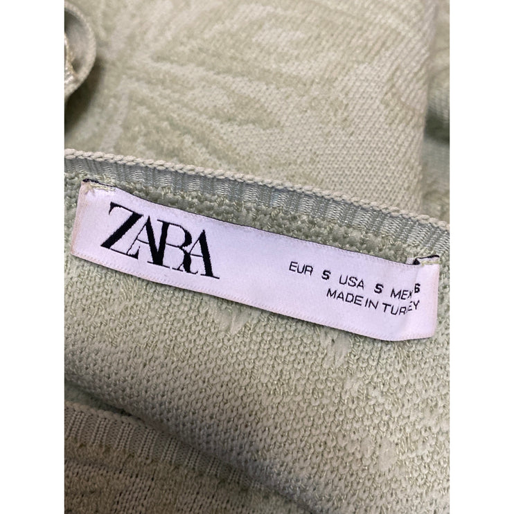 ZARA Light Green Jacquard Knit Short Puff Sleeve Square Neck Crop Blouse Top S
