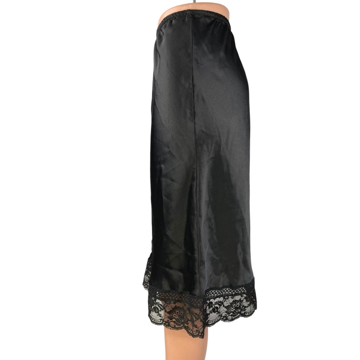 Christian Dior Black Silk Satin Embroidered Lace Floral Midi Slip Skirt Size S