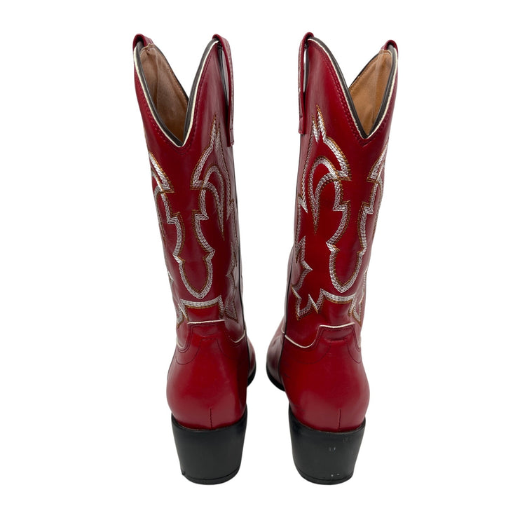 Womens Red Faux Leather Classic Embroidered Mid Calf Western Cowgirl Boots 6.5