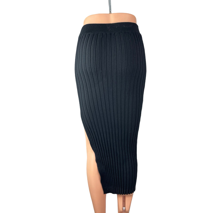 Klesis Black Ribbed Knit High Waist Pull On Slit Sculpt Pencil Midi Skirt Size M