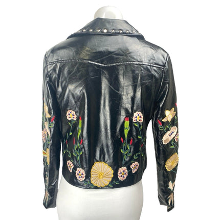 Elli White Black Faux Leather Floral Embroidered Studded Moto Biker Jacket Sz S