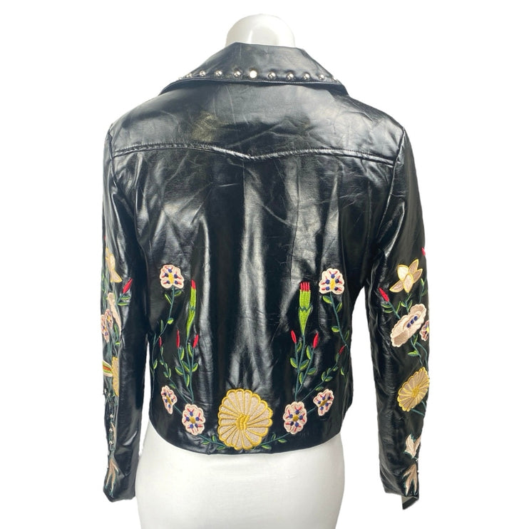 Elli White Black Faux Leather Floral Embroidered Studded Moto Biker Jacket Sz S