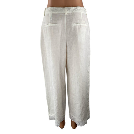 NEW Zara Women's White Floral Embroidered Lace Hem Wide Leg Trousers Pants Sz M