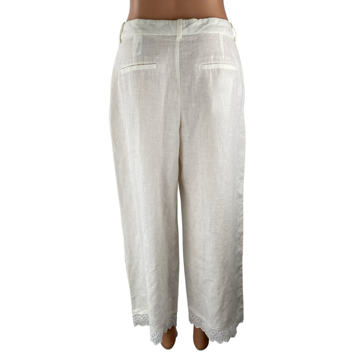 NEW Zara Women's White Floral Embroidered Lace Hem Wide Leg Trousers Pants Sz M