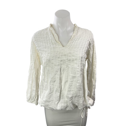 120% Lino Women's White Linen Crinkled V Neck Long Sleeve Tunic Blouse Top S/M