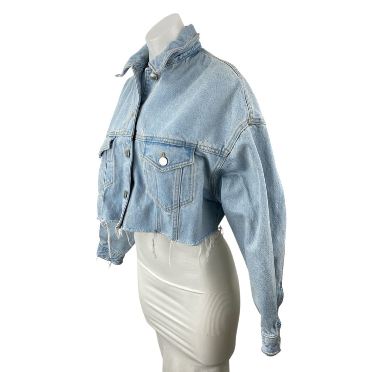 Zara Women's Blue Raw Frayed Hem Long Sleeve Collared Denim Jeans Coats Jacket S