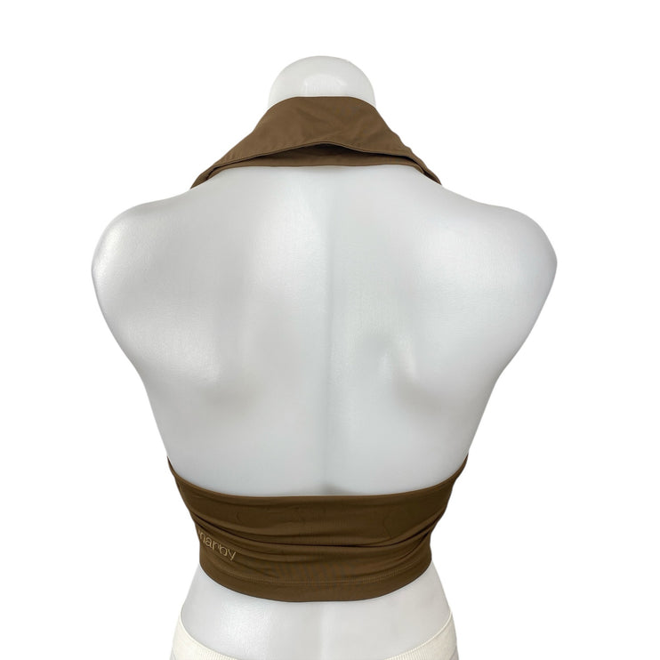 Marby Women's Tan Halter Collared V Neck Yoga Workout Athletic Crop Top Size M
