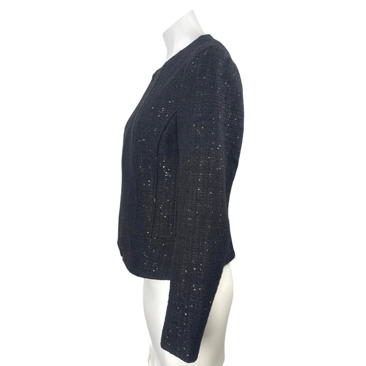 Anne Klein Womens Black Tweed Sequin Round Neck Zip Up Suit Blazer Coat Jacket 8