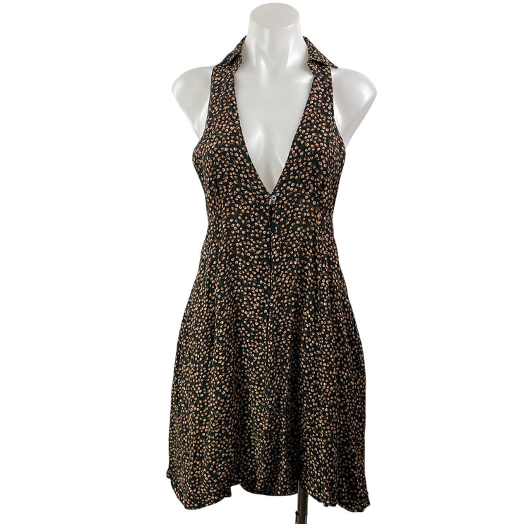 Free People Cest La Vie Black Ditsy Floral Halter A Line Mini Dress Size XS