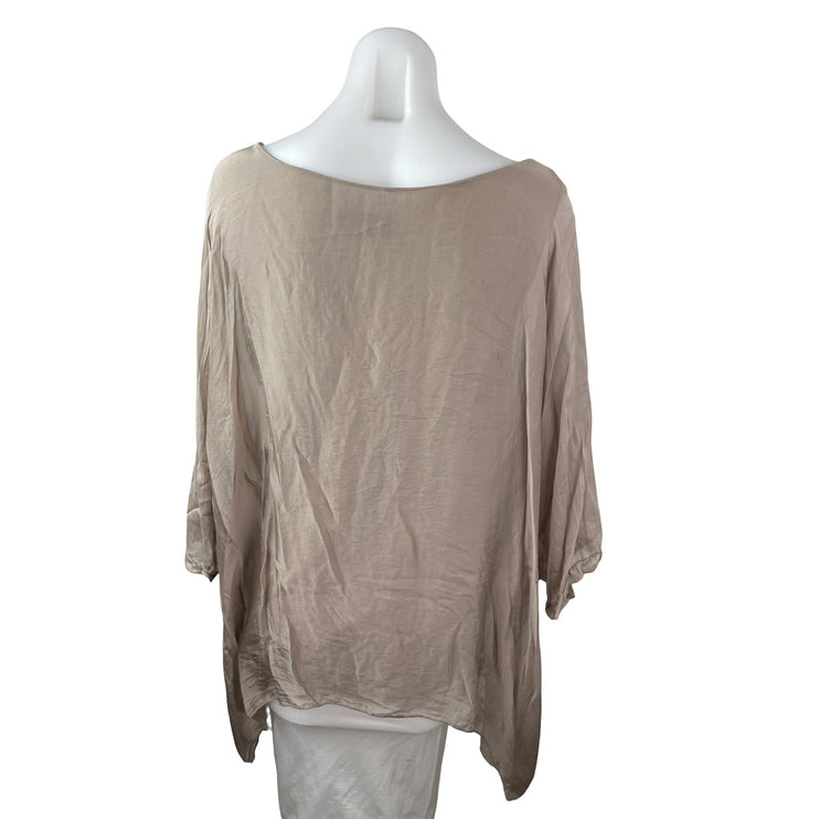 Womens Beige Silk Lagenlook Round Neck Batwing Sleeve Tunic Shirt Blouse Top S/M