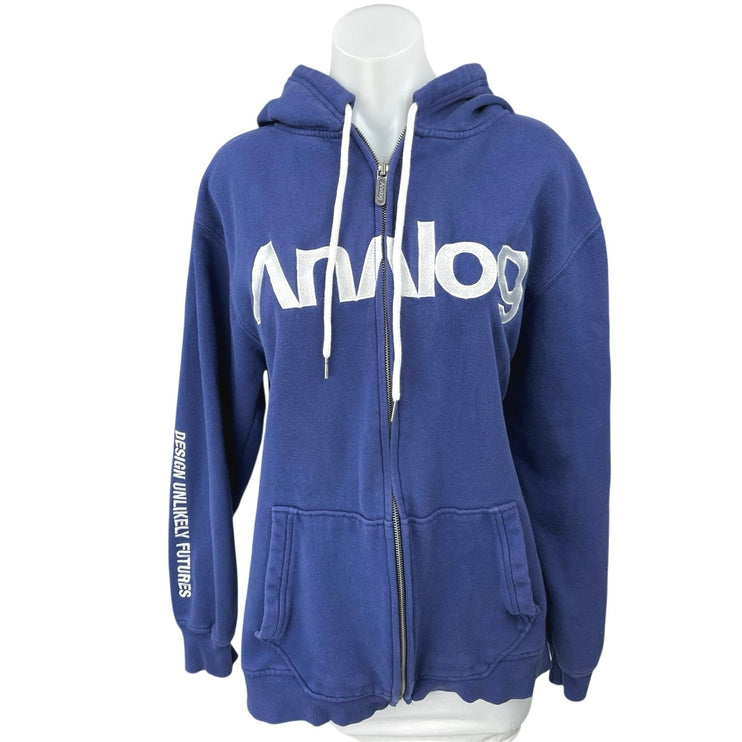 Analog Unisex Blue White Fleece Full Zip Hoodie Hooded Sweatshirt Top Size L