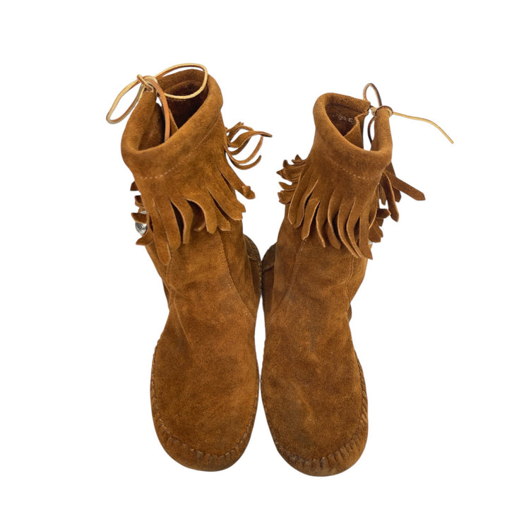 Taos Brown Fringed Suede Leather Tie Button Mid Calf Moccasin Boots Size 10.75