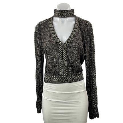 Women's Black 100% Linen Floral Long Sleeve V Neck Tie Back Blouse Top Size M