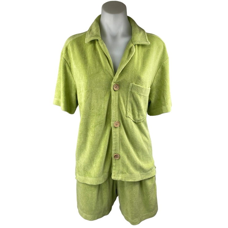 Alice Pearl Weekend Green Terry Button Down Shirt Top & Mini Shorts 2Pc Set S