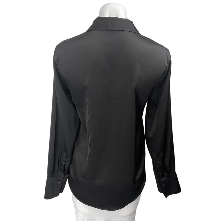 H&M Black Silk Satin Long Sleeve V Neck Button Down Shirt Blouse Top Size XS