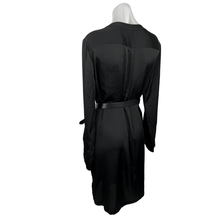 BCBGMAXAZRIA Black Belted Plunge V Button Long Sleeve Mini Shirt Dress Size M