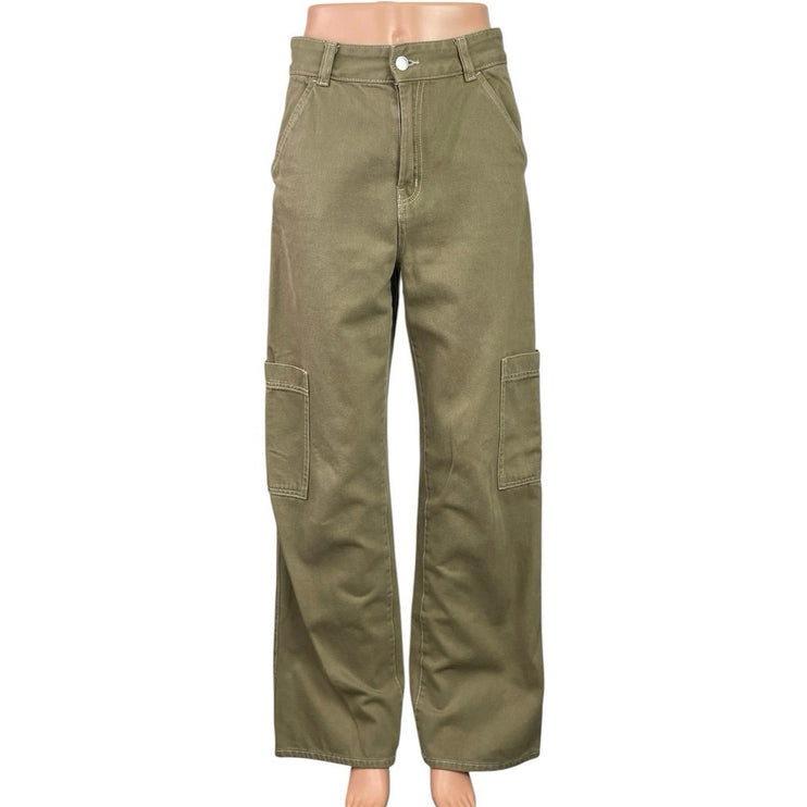 H&M Women's Khaki Tan High Rise Baggy Wide Leg Utility Cargo Denim Jeans Size 4