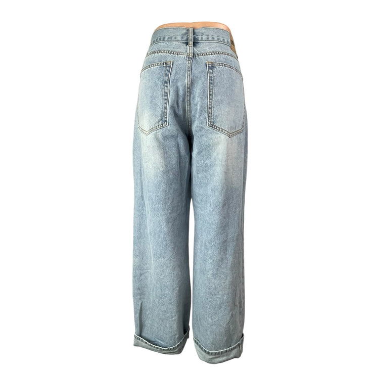 White Fox Women's Blue Light Wash Wide Leg Baggy Loose Fit Denim Jeans Size M