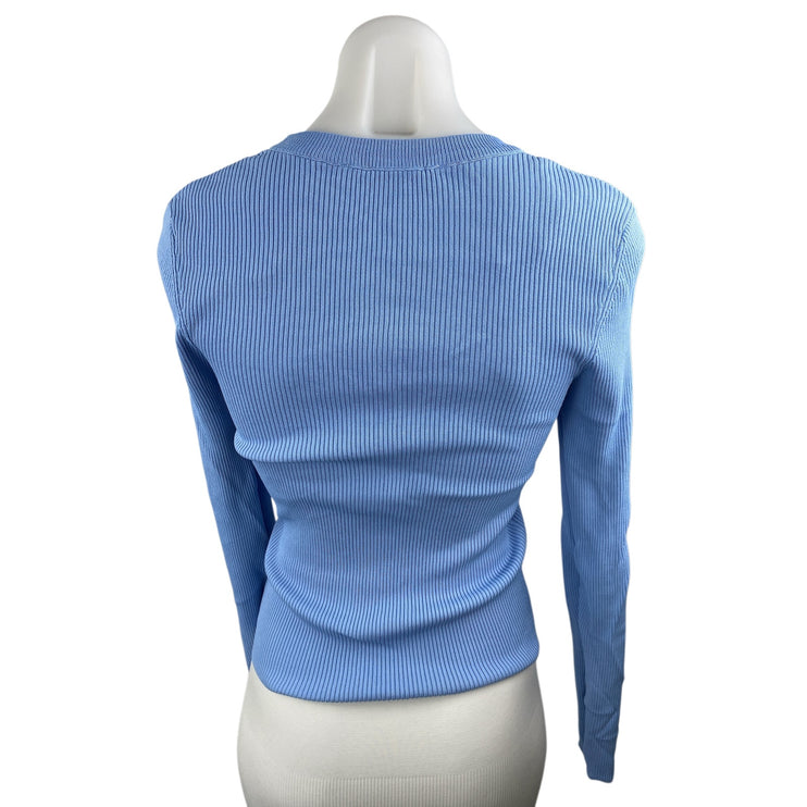 Zara Women's Blue Ribbed Knit Scoop Neck Long Sleeve Slim Fit  Sweater Top Sz L