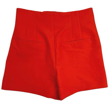 Zara Red High Rise Pleated Pockets Plain Stretch Zip Fly Casual Shorts Size XS