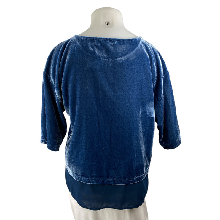 Soft Surroundings Gisella Blue Velvet Velour Crew Neck 3/4 Sleeve Blouse Top XL