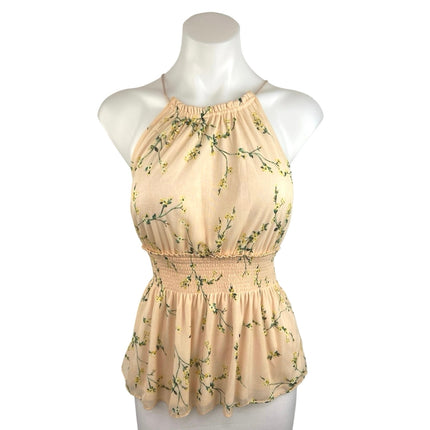 Express Yellow Floral High Neck Smocked Waist Sleeveless Peplum Blouse Top Sz S