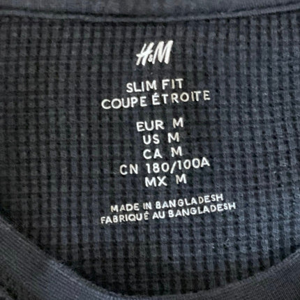 H&M Mens Black Waffle Knit Crew Neck Long Sleeve Thermal Tee Basic T-Shirt Top M