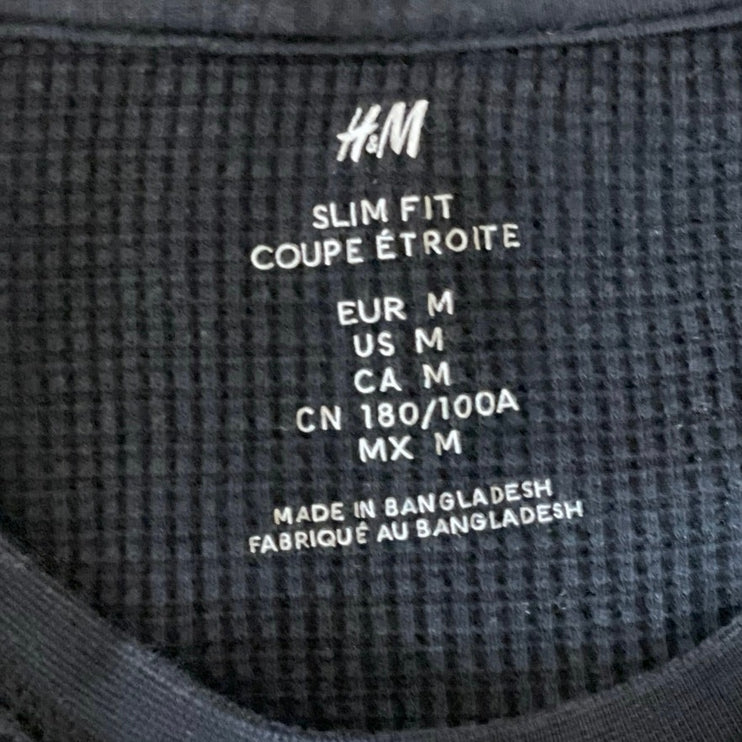 H&M Mens Black Waffle Knit Crew Neck Long Sleeve Thermal Tee Basic T-Shirt Top M