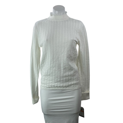 NEW Democracy White Pointelle Knit Long Sleeve Ruffle Mock Sweater Top Size S