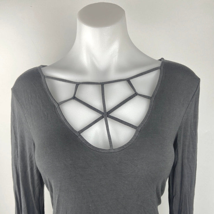 Soft & Sexy Gray Criss Cross Lace Front Scoop Neck Long Sleeve Pullover Shirt M