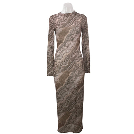 Jluxlabel Women's Beige Printed Long Sleeve Mock Neck T Shirt Maxi Dress Size M