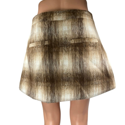 VRG Grl Brown Cream Faux Fur Plaid Checkered Side Zip Mini A-Line Skirt Size 8