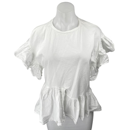 Zara Women's White Ruffle Short Sleeve Crew Neck Peplum Shirt Blouse Top Size L
