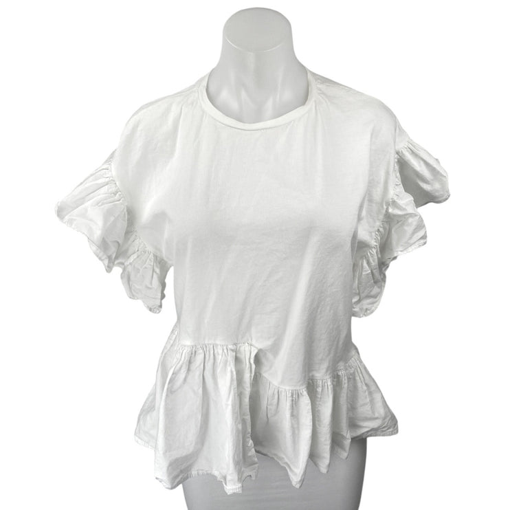 Zara Women's White Ruffle Short Sleeve Crew Neck Peplum Shirt Blouse Top Size L