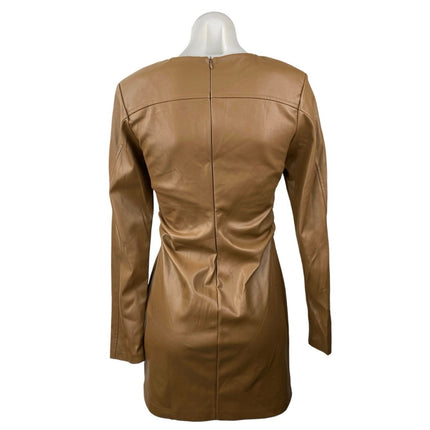 Zara Women's Brown Faux Vegan Leather V-neck Long Sleeve Mini Bodycon Dress Sz S