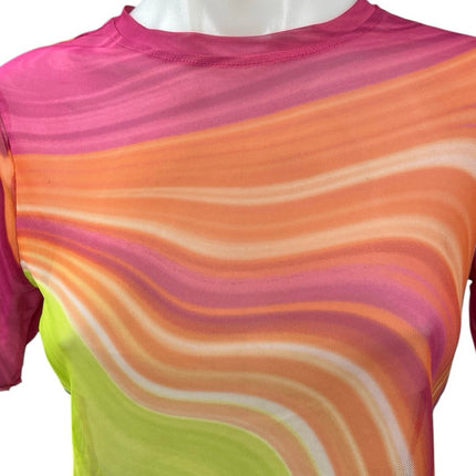 AFRM Isla Spring Wave Multicolor Mesh Short Sleeve Crew Sheer Crop Top Tee Sz M