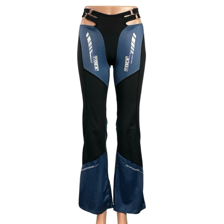 Blue Black Cutout Mid Waist Y2k 90s Flared Tight Colorblock Trousers Pants Sz XS
