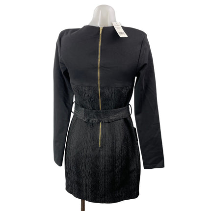 NEW Bebe Black Long Sleeve Belted Bustier Crew Neck Mini Sheath Dress Size 4