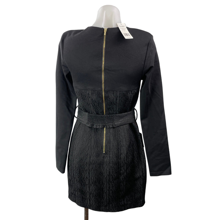 NEW Bebe Black Long Sleeve Belted Bustier Crew Neck Mini Sheath Dress Size 4