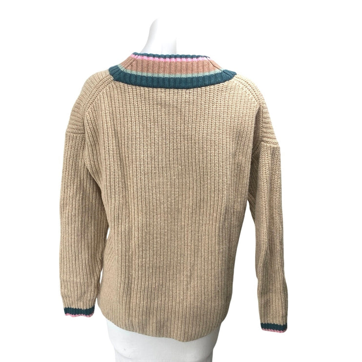 Madewell Women's Tan Striped V-Neck Wool Chunky Knit Long Sleeve Sweater Top S