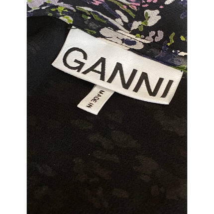 Ganni Georgette Multicolor Floral Long Sleeve Asymmetrical Hem Midi Wrap Dress M
