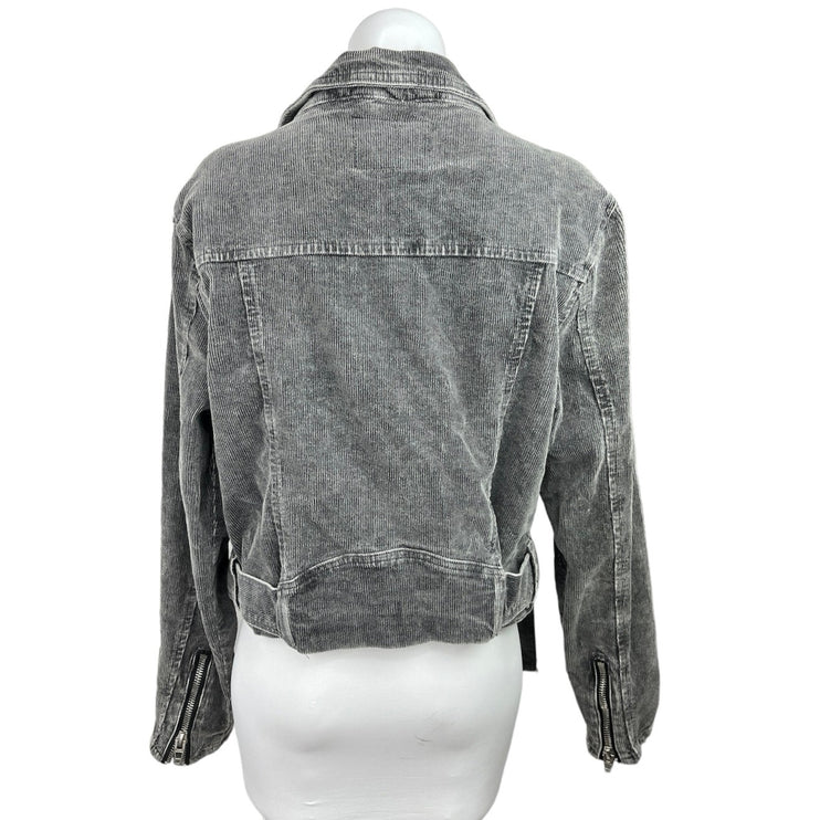 BlankNYC Grey Corduroy Asymmetric Zipper Belted  Long Sleeve Crop Moto Jacket L