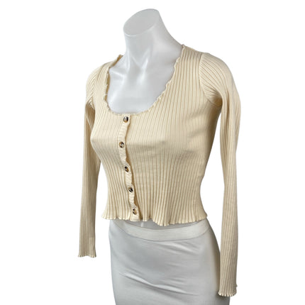 Topshop Women's Cream Ribbed Knit Lettuce Long Sleeve Button Up Crop Top Size 4
